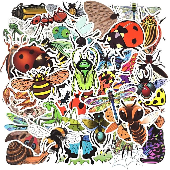 QTL Bug Stickers for Kids, Insect Party Favors, Waterproof Vinyl Stickers for Water Bottle and Laptop, 50PCS