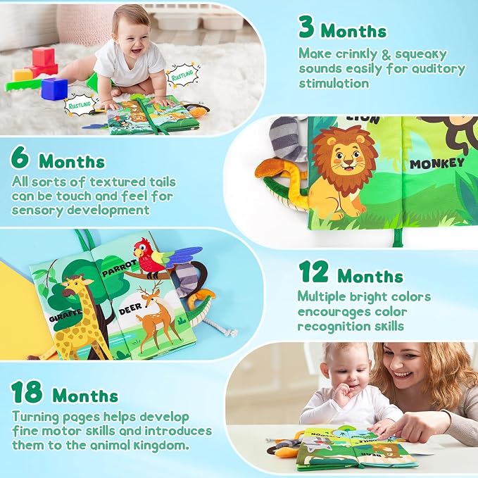 BBWOO Soft Baby Book Toy - Newborn Boy Girl Shower Gift - Tummy Time Toy for Infant 0-6 6-12 Months - Touch and Feel Sensory Crinkle Book with Teether - Baby Boy Girl Gift