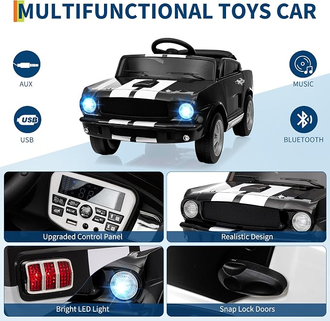 Garvee Ride on Licensed Shelby GT350, 12V Ride on Toys for Toddlers with Remote Control, Licensed Ford Shelby Kids Electric Vehicle with Safety Belt, 2 Speeds, Headlight, Upgraded Panel, Black