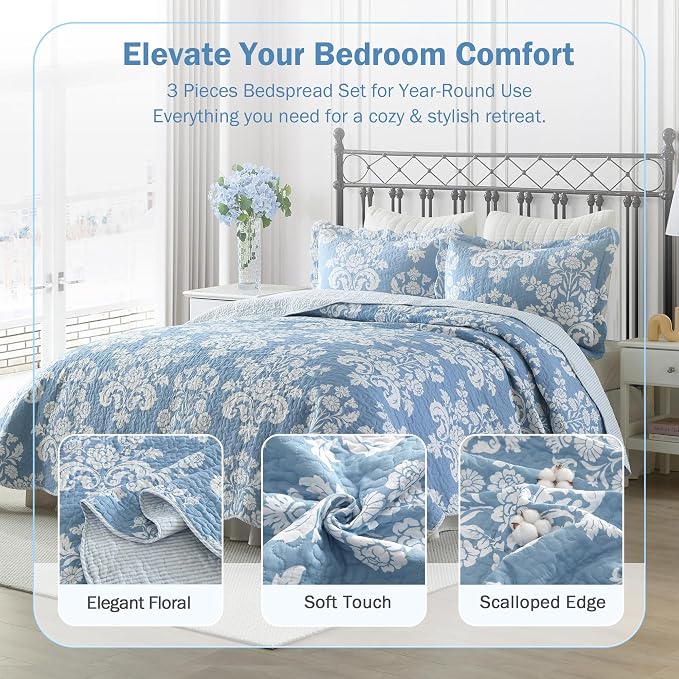 Queen Size Quilt Set 3 Pieces - Light Blue and White Floral Scalloped Quilt with Shams, 100% Cotton Lightweight Reversible Bedspread for Bedroom & Guest Room, 90×98''