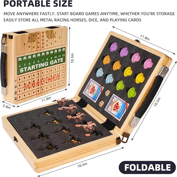 21" Large Horse Race Board Game - Solid Wood Horse Racing Game with 11 Metal Horses, 60 Poker Chips, Dice & Cards, Foldable Tabletop Party Game for Adults, Family Game Night & Friends