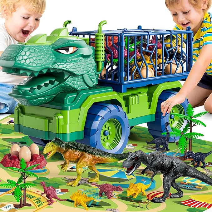 Dinosaur Truck for Kids 2-4, Dinosaur Action Figure Toys for Toddler 3-5 with 8 Dinosaur Figures, Play Mat, Egg, Tree, T-Rex Transport Car Carrier Birthday Gifts Toys for Boys 2 3 4 5 6 Year Old