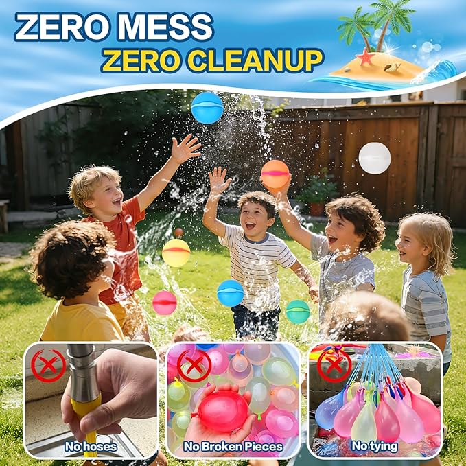 Reusable Water Balloons Refillable for Kids: Soft Silicone Material Self Sealing for Outdoor Activities - Summer Pool Beach Water Bomb for Boys Girls 3-12 Years (12Pck)