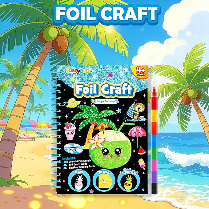 FUNNYB&G Foil Art Craft Kit for Kids 4-10 Years Old: Mess-Free & No-Glue, Create 16 Sparkly Happy Summer Pictures – Perfect Travel Toy & Birthday Gift for Kids(Summer