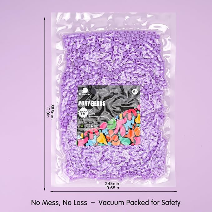 Dowsabel Purple Pony Beads Bulk 1000 Pcs 6x9mm, Large Hole Kandi Hair Beads for Braids Bracelets, DIY Friendship Bracelets Necklaces Jewelry Making Crafts and Gifts