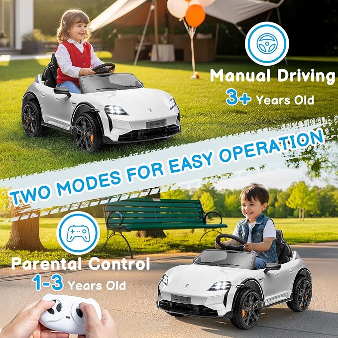 Winado 12V Kids Ride on Car, Licensed Porsche Taycan Electric Car for Toddlers, Battery Powered Ride on Vehicle W/Remote Control, with Bluetooth, 3 Speeds, LED & Rear Lights, Music & Horn (White)