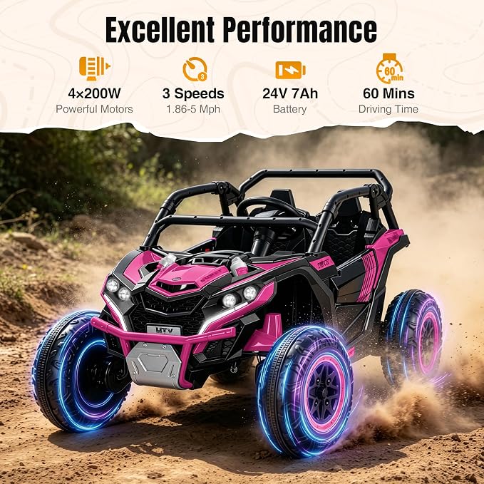Firstness 24V Ride on Toys 800W Electric Remote Control Ride on Cars for Kids 2-Seater Riding Cars for Kids Ages 3-8, 3 Speed Mode, Music, LED Light, Off-Road UTV Ride on Truck for Boys & Girls, Pink