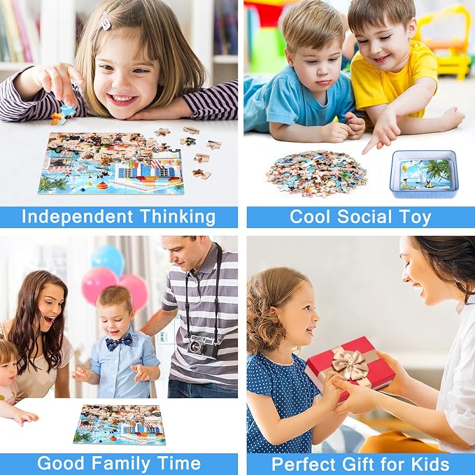 MZZOTOY Dog Beach Party Puzzle for Kids Ages 4-8, 100 Pieces Jigsaw Puzzles for Kids Ages 3-5， Learning Educational Puzzles Toys Great Gift for Boys Girls in a Metal Box