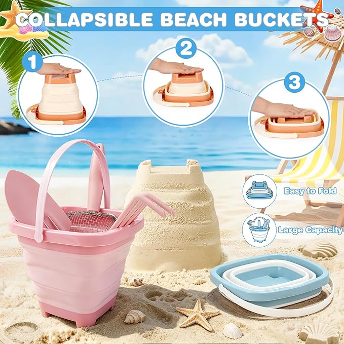 Beach Sand Toys Mesh Shovel Set for Kids, 3 Pack Collapsible Sand Buckets and Filter Sand Scooper with Mesh Bag for Shell Collecting, Shark Tooth Sifter Dipper Sandbox Toys for Toddlers Boys Girls