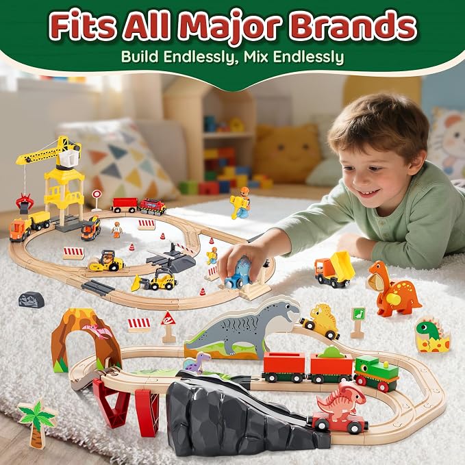 Lehoo Castle Wooden Train Set - Dinosaur Train Set for Toddlers 2-4, Wooden Train Track Railway Playset Toys for 3 4 5 6 Year Old Boys Girls Birthday Gifts