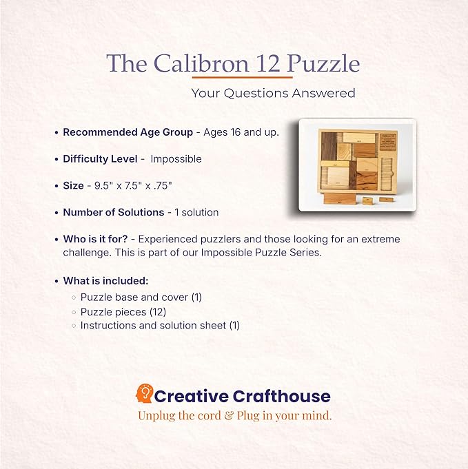 Creative Crafthouse Calibron 12 Impossible Wood Packing Puzzle, Made in USA | Theodore Edison's 1933 design, faithfully reproduced; fit twelve odd rectangles into one solid block, rated 11 out of 10