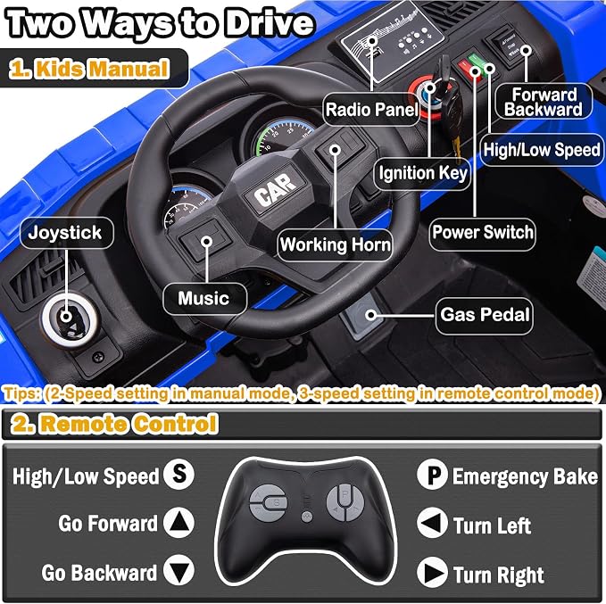 NEWQIDA 24V Ride on Dump Truck, Kids Electric Car with Remote Control, Ride on Construction Vehicles w/Electric Dump Bed, Shovel, 2x75W Powerful Motors, Up to 4.4Mph, EVA Tires, Soft Start, Blue