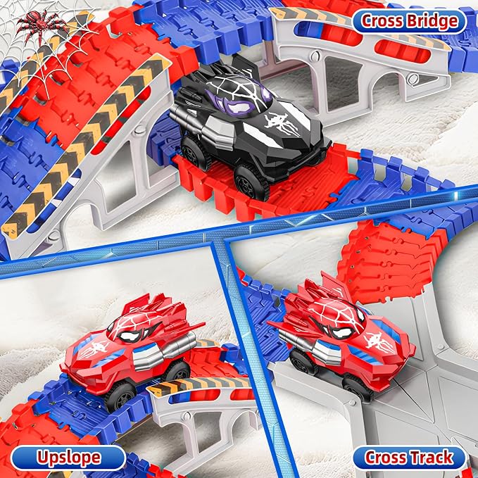 Spider Race Track Toys for Boys 4-6 - Monster Truck Toys for 3 4 5 6 7 8 Year Old Boys Girls, Toddler Tracks Playset with 2 Electric Spider Cars, Kids Christmas Birthday Gifts Age 3-4 3-5 6-8 (212PCS)