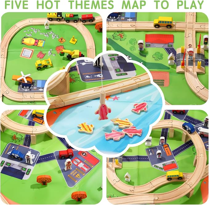 100 Pcs Wooden Train Track Set, Toy Train with Tracks for Kids Ages 3-10, Compatible with Major Brands, Railway Playset for Boys and Girls Birthday Gift
