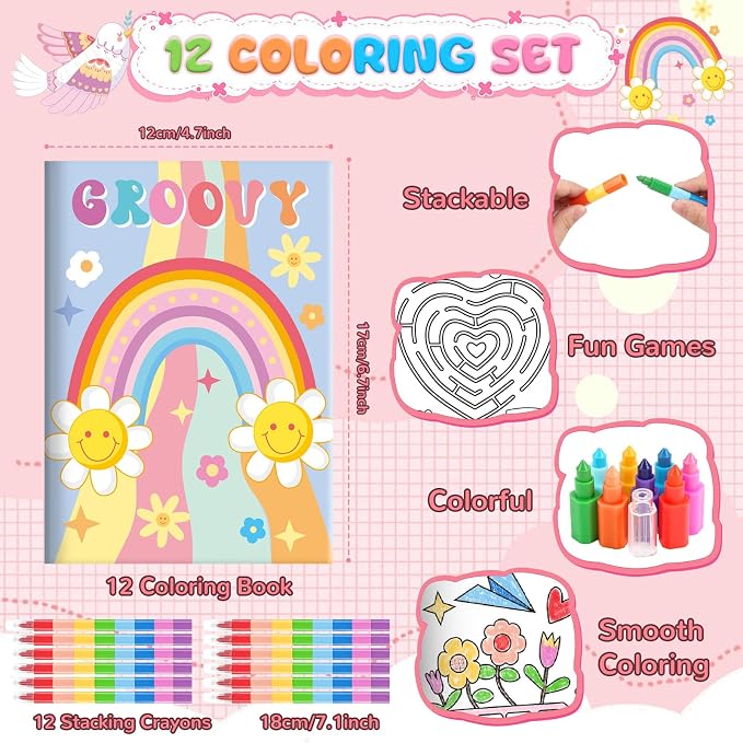 BenLouis 12 Hippie Boho Mini Coloring Books Kids with 12 Stacking Crayons Retro Daisy Party Favors Small Activity Books Bulk for Kids Two Groovy Party Gift Goodie Bag Stuffers