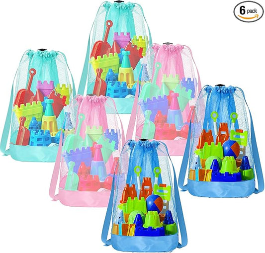 Vodolo Beach Toy Bag,6pcs Mesh Travel Sand Toys Backpack for Sandbox Buckets,Beach Vacation Essentials for Kids,Shell Collecting Bag Shelling Tools,Beach Must Haves Sand Box Toys Seashell Bags