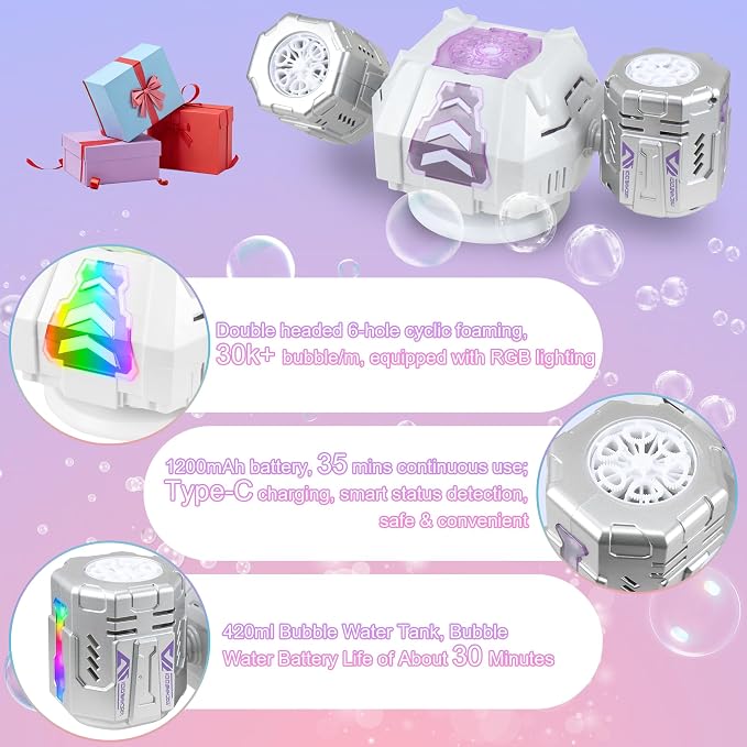New RC Bubble Machine with RGB Lights, 360° Auto Rotation Bubbles Toy, Rechargeable Battery, Bubble Blower Maker for Kids, Parties, Birthday Gift, Weddings, Indoor Outdoor Activity, Silver-Purple