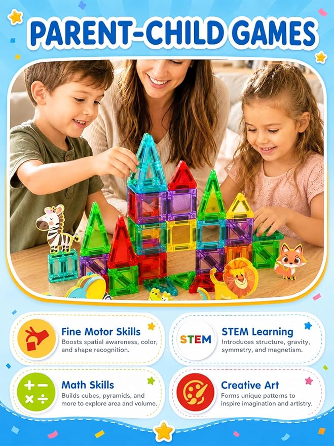 45PCS Mini Magnetic Tiles for Kids Ages 3-8, Travel Magnetic Building Blocks Set with 5 Animal Figures, STEM Toys for Boys Girls, Portable Tin Case, Lion Zebra Fox Elephant Crocodile