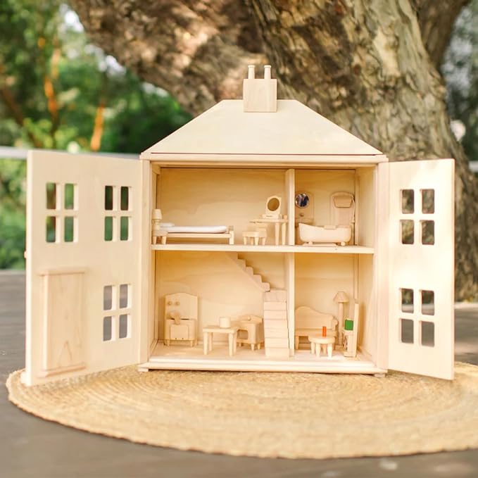 PlanToys® Wooden Victorian Dining Room Set | Montessori Dollhouse Dining Setup for Social Interaction, Mealtime Play & Imaginative Storytelling | Eco Friendly Wooden Dollhouse Dining Furniture
