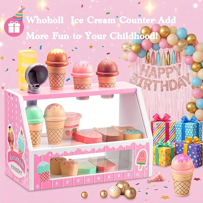 WHOHOLL Wooden Ice Cream Counter Playset for Toddler Girl Toys, Play Store Pretend Toy Food Play Kitchen Accessories with Fake Money & Coin, Christmas Birthday Gifts for 3+ Year Old Kids (Pink)