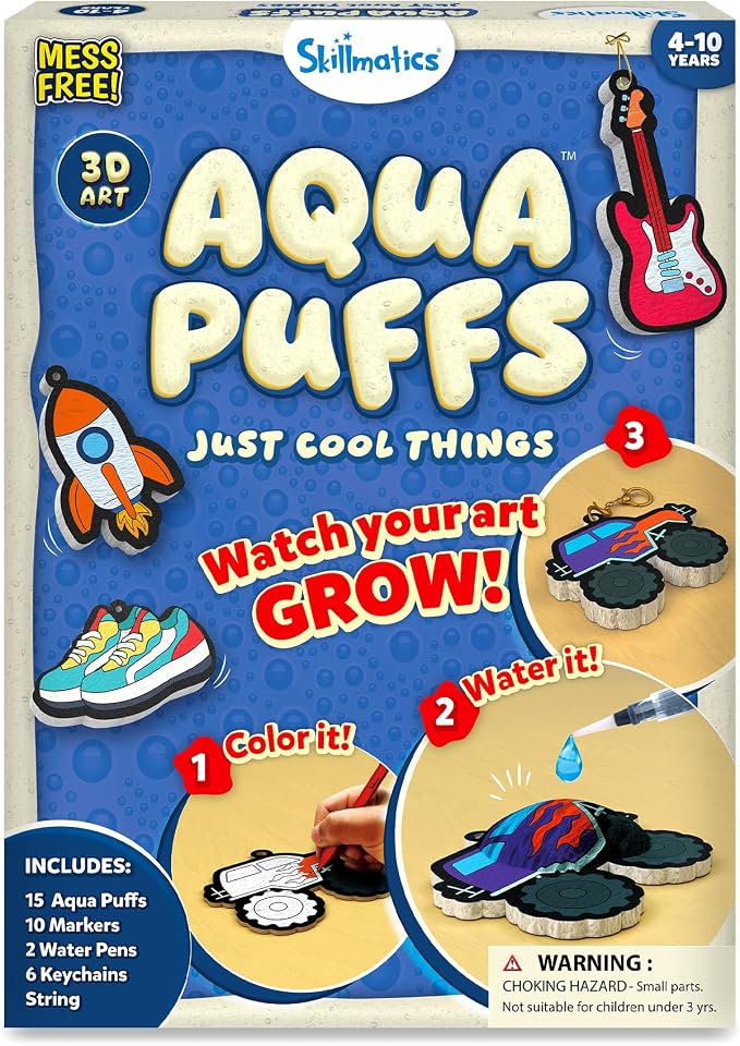 Skillmatics Aqua Puffs - 3D Art Kit, Just Boy Things, Mess-Free Paint by Number Craft for Kids, DIY Color & Inflate Activity, Travel Toys & Creative Gift for Ages 4, 5, 6, 7, 8, 9, 10