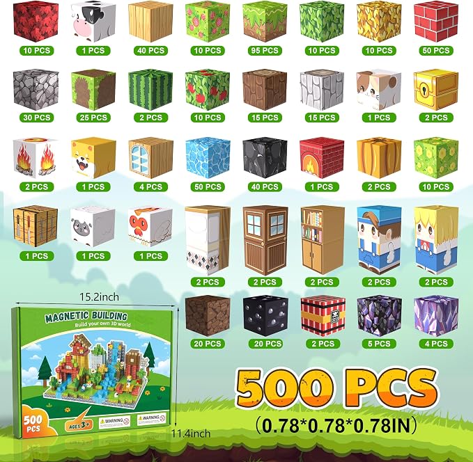 500PCS Magnetic Blocks, Magnetic Building Blocks, 0.98in Magnetic Building, STEM Game Stacking Toys for Kids, Birthday Gifts for Boys and Girls Age 3+ Years Old