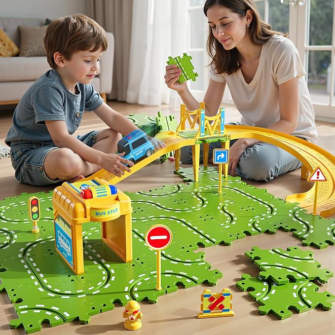 2-Tier Large Puzzle Race Car Track Set for Kids 3-5, Puzzle Tracks Car Play Set, Race Tracks Toys for Toddler Boys 3 4 5 6 Year Old, Birthday Gifts for Kids 3 4 5 6 7 8 Year Old Boys Girls