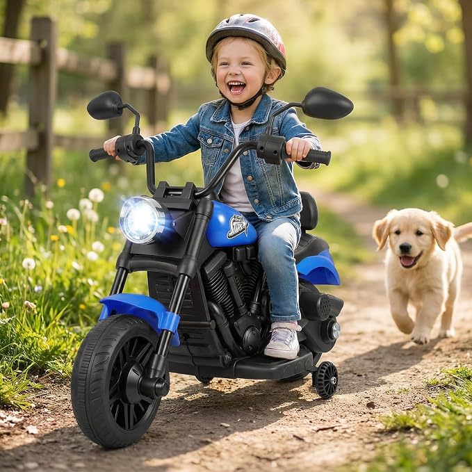 Costzon Kids Motorcycle, 6V Chopper Motorbike Ride on Toy with Headlight, Music, Training Wheels, Electric Toddler Motorcycle for Kids Boys Girls, Gift (Blue, 31" x 23" x 22"(L x W x H))