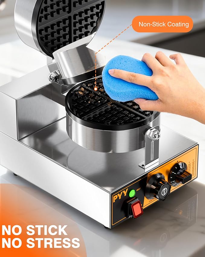 PYY Commercial Waffle Maker - 20Pcs/H Stainless Steel Round Belgian Waffle Machine, 1300W Non-stick Waffle Iron, Time Control and Temperature Adjustable, for Home Kitchen, Breakfast Restaurant
