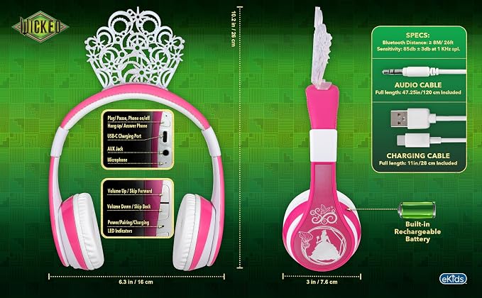 Wicked Glinda Bluetooth Headphones for Kids, Wireless Headphones for School, Home or Travel