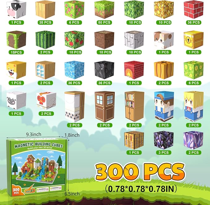 300PCS Magnetic Blocks, Magnetic Building Blocks, 0.78in Magnetic Building, STEM Game Stacking Toys for Kids, Birthday Gifts for Boys and Girls Age 3+ Years Old