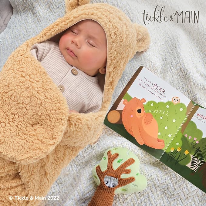 Tickle & Main Forest Animal Newborn Gift Set - 3-Piece, 26 x 29 in Cotton Swaddle Blanket - Plush Tree Rattle & Storybook