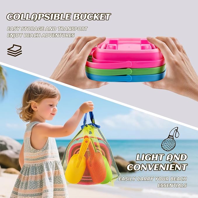 Collapsible Beach Toys for Kids & Toddlers, 3 Pack Foldable Silicone Sand Buckets with 3 Shovels & Mesh Storage Bag, Portable Water Pail for Easter Egg Hunt, Camping, Travel