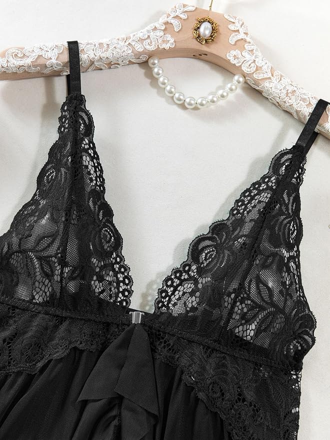 Foxiny Sexy Open Front V Neck Ruffle Sheer Mesh Lace Wireless Babydoll Lingerie Dress with Thong 2 Piece