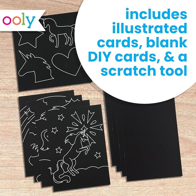 Ooly Scratch & Scribble Travel Crafts for Kids – 1pc Art Kit, Portable Car & Airplane Activity, 8 Scratch Cards + Wooden Stylus + Stickers, Ages 6+ – Unicorns