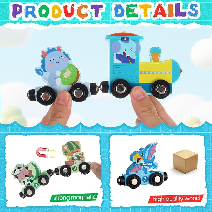 2 Set/24 Pcs Magnetic Dinosaur Animal Train Set Montessori Toys for Toddlers Wooden Dinosaur Animal Preschool Learning Activities Educational Sensory Easter Basket Stuffers Birthday Gifts