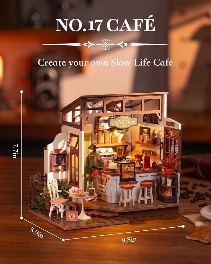 Robotime DIY Miniature House Kit, 1:18 Coffee Shop Diorama Dollhouse with LED Lights, 3D Wooden Puzzle Diorama for Adults, Craft Hobby Gift for Women Men Teens