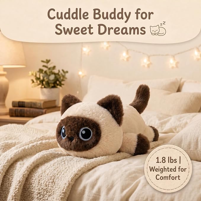 Weighted Cat Stuffed Animal, 16-Inch, 1.8 lbs Siamese Cat Plush, Cuddly Soft Plushie Pillow Gift for Kids & Adults