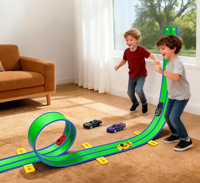 15 Ft Flexible Race Car Track (Aqua Green) for Kids,Flex Track Starter Set Compatible with Hot Wheels and Diecast 1/64th Cars,Portable Racetrack Roll Up Race Track with 4 Racecars and Suction Cups