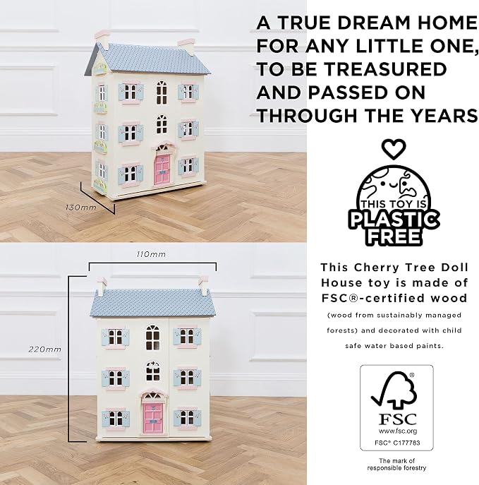 Le Toy Van - Gorgeous Cherry Tree Hall Large 4 Storey Wooden Doll House Play Set For Girls or Boys | Great As A Gift | Suitable for Ages 3+