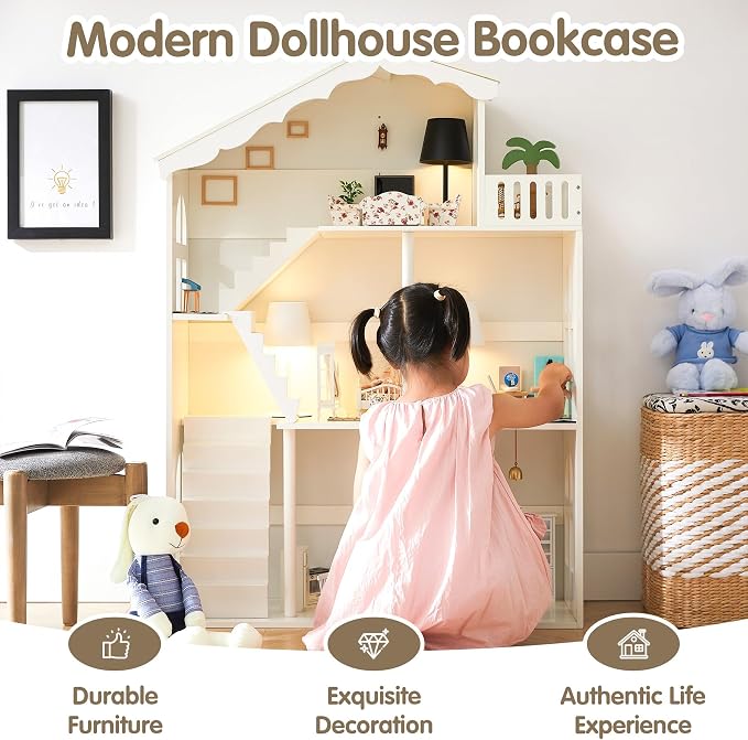 Wooden Dollhouse Bookshelf - Toddler Doll House Bookcase, Extra Space Kids Toy Storage Book Shelf, 3-Tier Children Dollhouse, Pretend Play Toy House (Traditional Angled Roof)