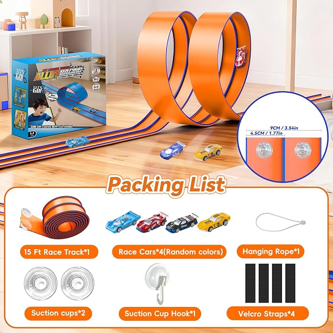 Upgrade Flexible Race Track for Kids, 15 Ft Flex Race Car Ramp Track with 4 Cars & Suction Cups - Compatible with Diecast 1/64th Cars, Car Tracks Toys for Kids Boys Girls Ages 3 4 5 6+ (Orange)