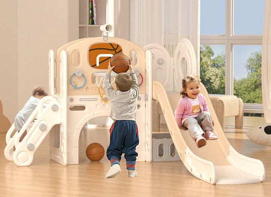 XJD 8 in 1 Toddler Slide Set, Kids Slide for Toddlers Age 1+, Climber Slide PlaySet with Basketball Hoop and Ball,Outdoor Indoor Playground for Toddlers 1-3 (Beige Coffee, 8 in 1)