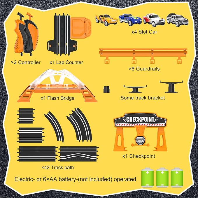 Slot Car Race Track Sets with 4 Slot Cars, Electric Race Car Track Include Slope Circular Overpass Track, Dual Racing Game Featuring Flash Bridge and Pendulum, Gifts Toys for Boys Kids Age 6 7 8-12