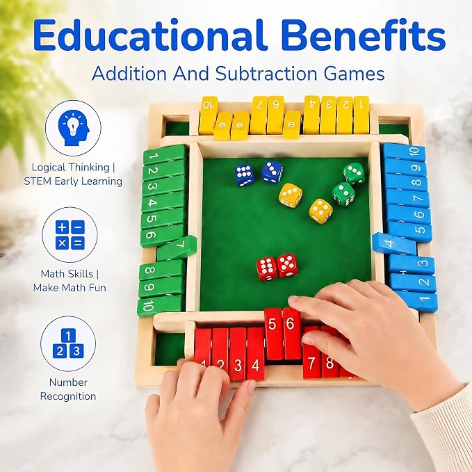 Shut The Box Game, Wooden Number Flip Board Dice Tabletop Toys for 2-4 Player, Math Educational Learning Tools for Kids and Adults, Classic Pub Family Game Night Party Activity, Camping
