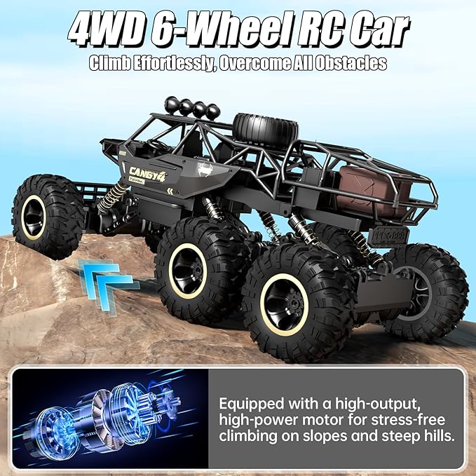 Jiakora Large Size RC Cars, Rock Crawler RC Truck with 2 Rechargeable Batteries, 6 Wheel Remote Control Monster Truck, Durable Metal Body & LED Headlights, Boy Toys for 4-7, 8-12 Kids & Adults