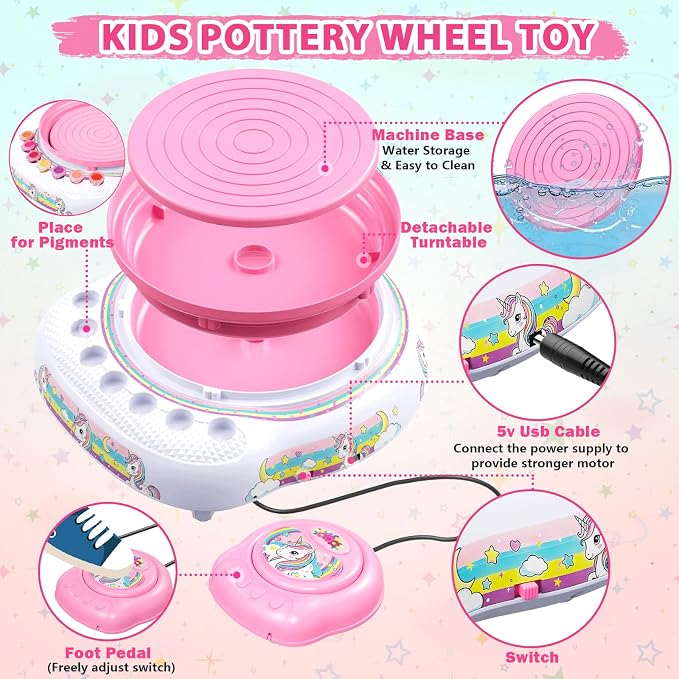 Pottery Wheel for Kids, Arts & Crafts Pottery Painting Toys Kit for Kids Ages 8-12, Unicorn Art Supplies with 3 Pack Air Dry Clay and Tools, Birthday Easter Gift for Girls Boys 6 7 8 9 10 11 12