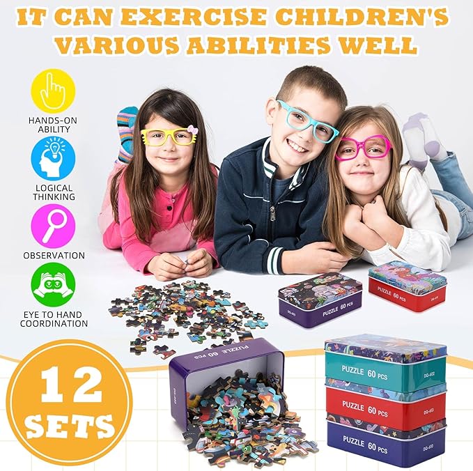 Silipull 12 Boxes Party Favors Jigsaw Puzzles in a Metal Box for Age of 4-8, Wooden Puzzle for Ages 4-8 Learning Educational Jigsaw Pieces Toys, 12 Styles(Lovely)(Novel)