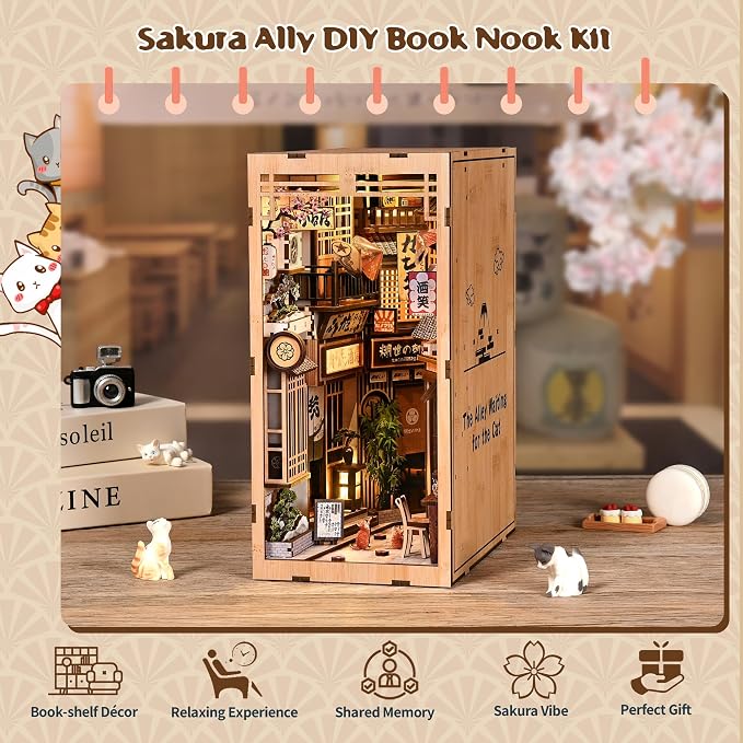 DIY Book Nook Kit with LED Lights | 3D Puzzles for Adults & Teens, Miniatures and Model Building Kits for Bookshelf Decor, Relaxing & Creative Gift for Craft Lovers | Sakura Alley