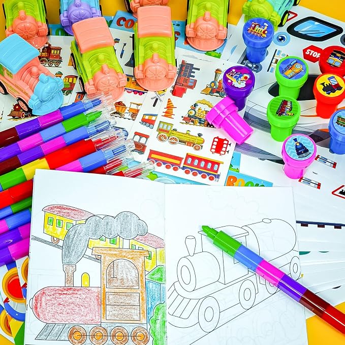 Cinrobiye 72 Pcs Train Party Favors,Train Print Party Supplies Include Coloring Books Stickers Stamps DIY Art Crafts Goody Bags Fillers for Train Car Railway Transportation Birthday Party